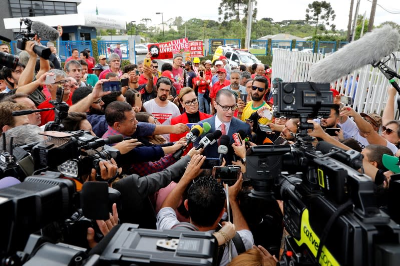 Zanin, a lawyer representing former Brazilian president Luiz Inacio Lula da Silva is seen in front of the Federal Police headquarters, where Lula da Silva is imprisoned, in Curitiba