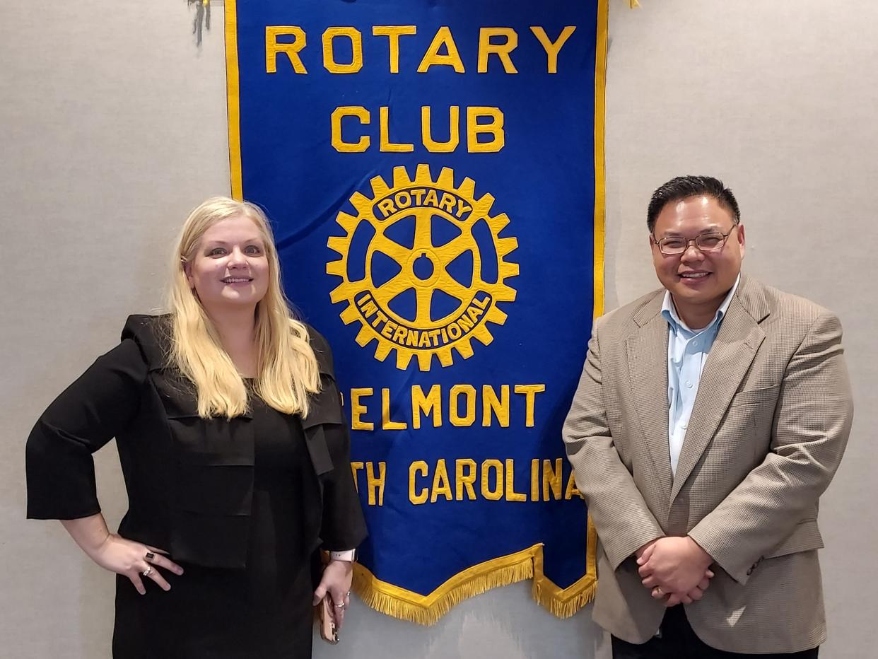 Carolyn Harmon, Ph.D., DNP, RN-BC, is dean of nursing at Belmont Abbey College. She spoke recently at a meeting of the Belmont Rotary Club. Her program was arranged by Rotarian Mike Giang, CFO at Holy Angels.