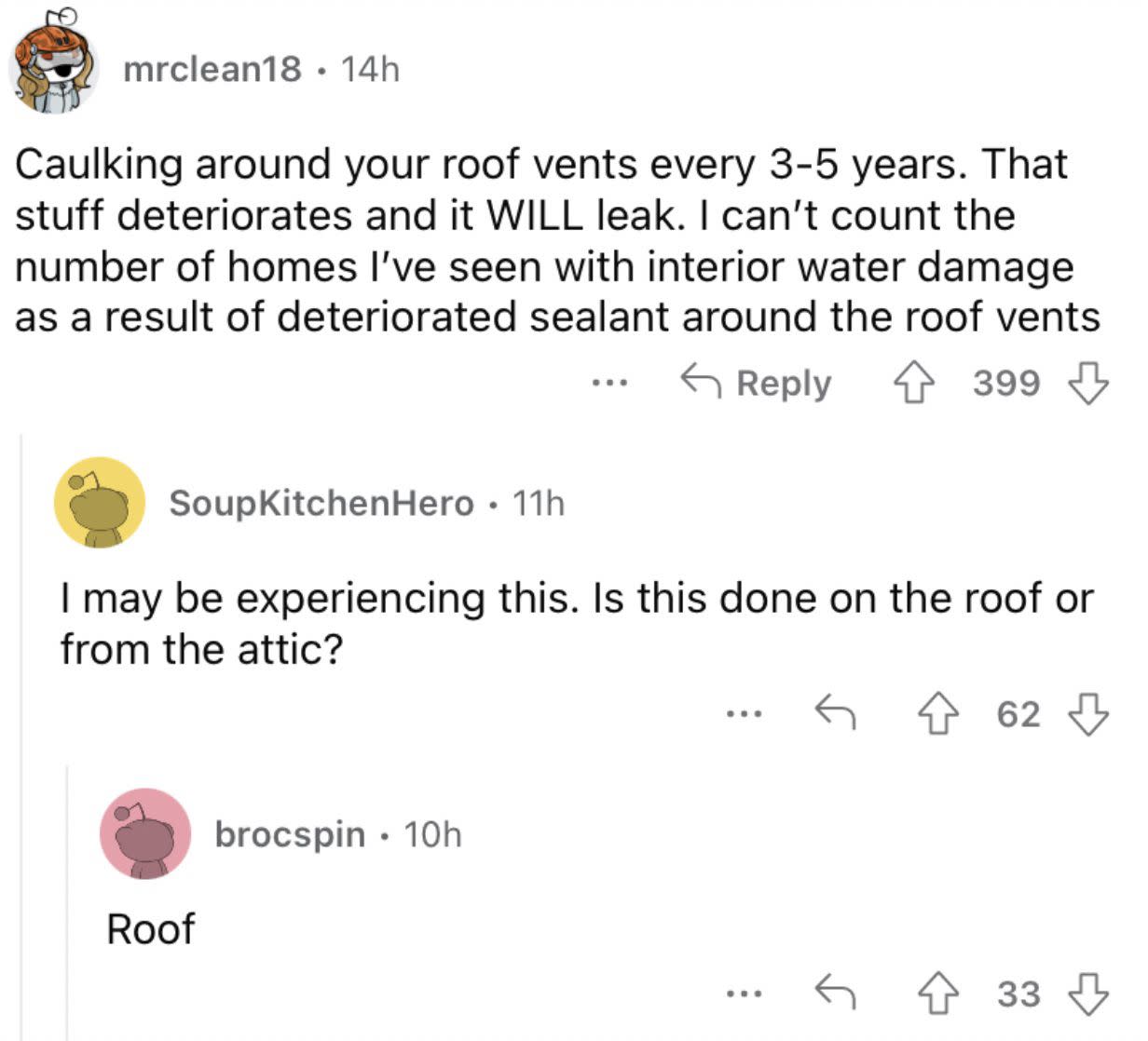 Reddit screenshot about caulking around your home to avoid interior water damage.