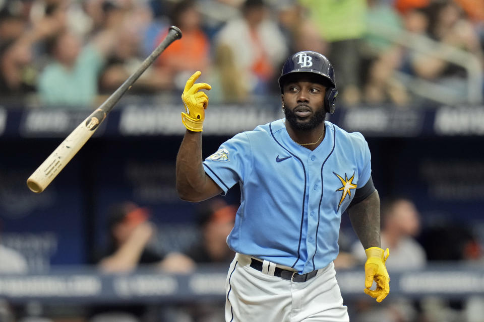 Tampa Bay Rays' Randy Arozarena flips his bat after hitting a solo home run off Baltimore Orioles starting pitcher Tyler Wells during the second inning of a baseball game Wednesday, June 21, 2023, in St. Petersburg, Fla. (AP Photo/Chris O'Meara)