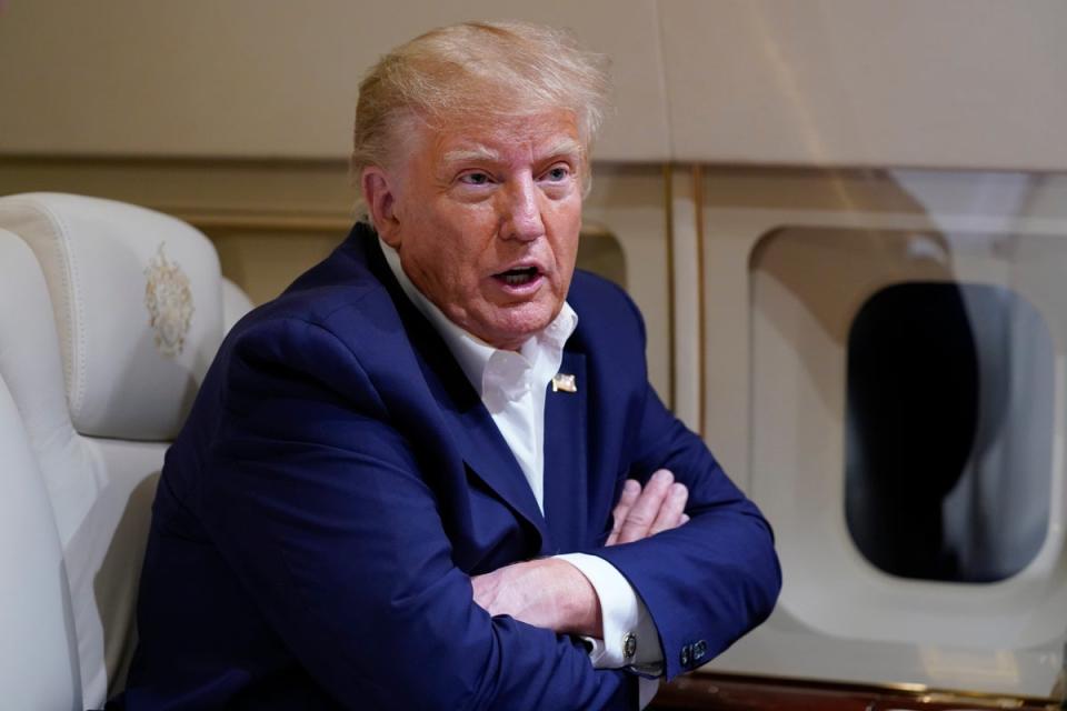 Former President Donald Trump speaks with reporters while in flight on his plane after a campaign rally at Waco last week (Copyright 2023 The Associated Press. All rights reserved)