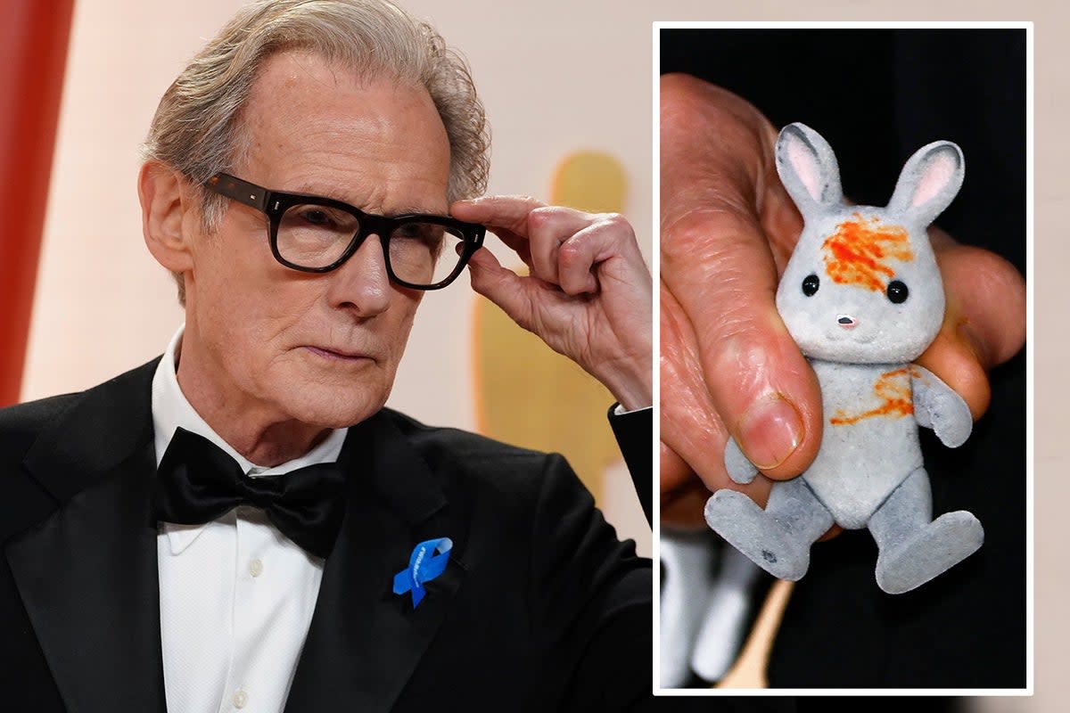 Bill Nighy baffled fans by posing with a food-stained toy rabbit on the Oscars red carpet  (ES Composite)