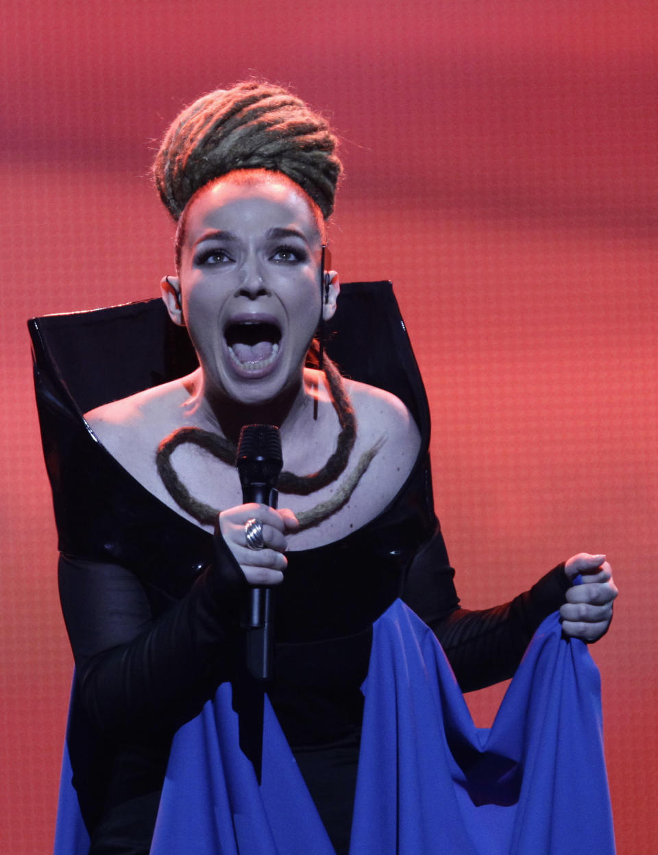 Albania Rona Nishliu perform during rehearsal for the final show of the 2012 Eurovision Song Contest at the Baku Crystal Hall in Baku, Friday, May 25, 2012. The finals of the 2012 Eurovision Song Contest will be held at the stadium on May 26, 2012. (AP Photo/Sergey Ponomarev)