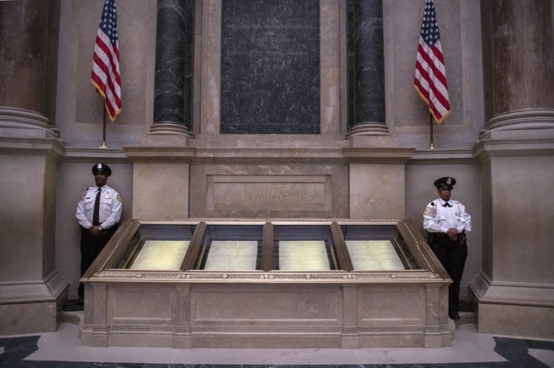 The Constitution and Bill of Rights are on display in the rotunda of the National Archives Museum in Washington, D.C., on April 15, 2019. The Bill of Rights was adopted September 25, 1789. File Photo by Pat Benic/UPI