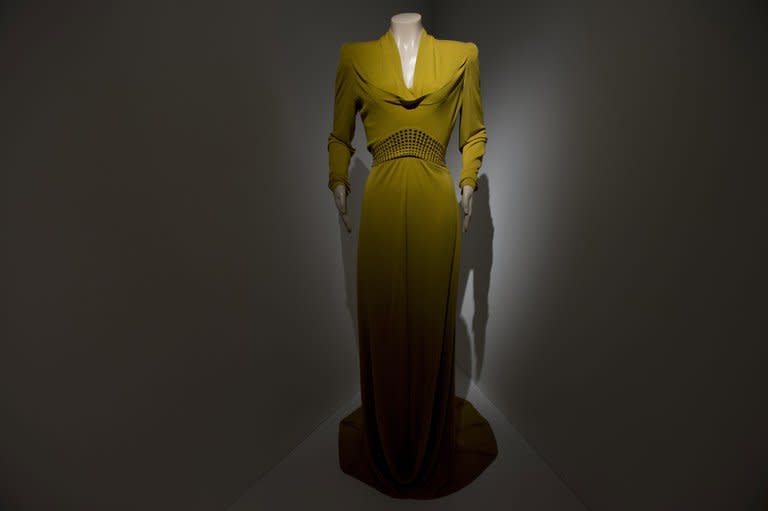 An evening gown worn by actress Cate Blanchett as Katharine Hepburn in "The Aviator" (2004) on display at the Martin Scorsese exhibition at the Deutsche Kinemathek Museum for Film and Television in Berlin on January 9, 2013. A Berlin museum will Wednesday open what it called the first exhibition worldwide dedicated to the work of veteran US film-maker Martin Scorsese