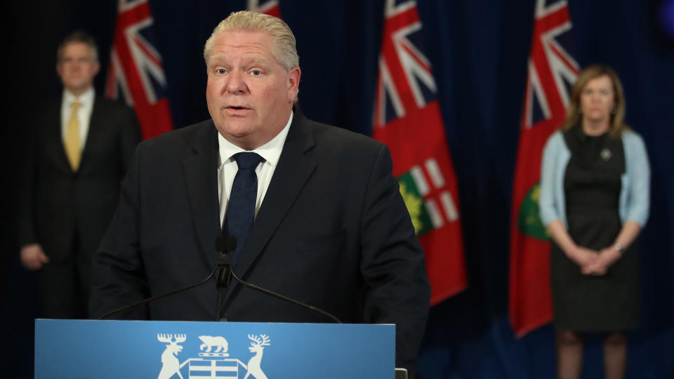 TORONTO, ON- MAY 8  -  Premier Doug Ford along with Health Minister Christine Elliott and Minister of Finance Rod Phillips take questions during the provinces daily COVID-19 press conference from Queens Park in Toronto. May 8, 2020.        (Steve Russell/Toronto Star via Getty Images)