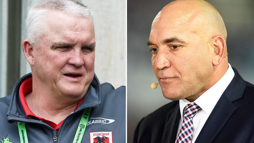 Pictured right is NRL legend Gorden Tallis and Dragons coach Anthony Griffin on the left.