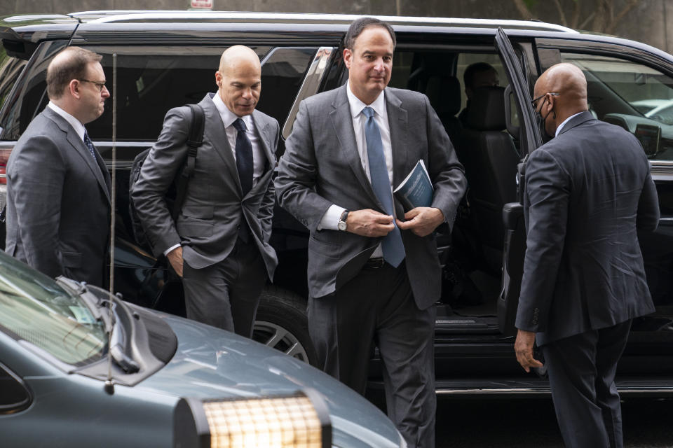 Michael Sussmann, a cybersecurity lawyer who represented the Hillary Clinton presidential campaign in 2016, arrives to the E. Barrett Prettyman Federal Courthouse, Monday, May 16, 2022, in Washington. Sussmann is accused of making a false statement to the FBI during the Trump-Russia probe. (AP Photo/Evan Vucci)