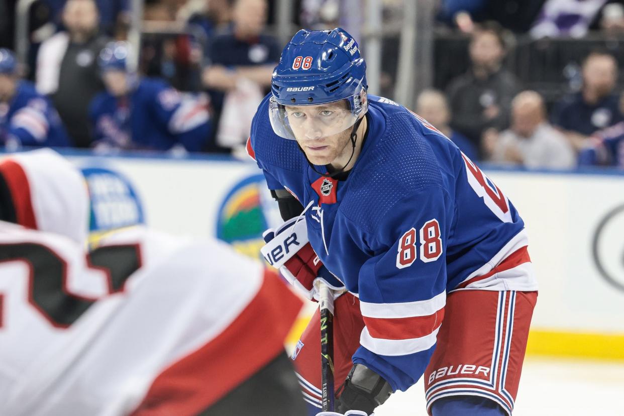 New York Rangers right wing Patrick Kane (88) sets for a face off during the second period against the Ottawa Senators at Madison Square Garden on March 2, 2023.