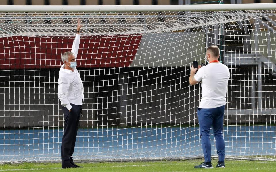 Mourinho indicates the goal is too small prior to kick off - GETTY IMAGES