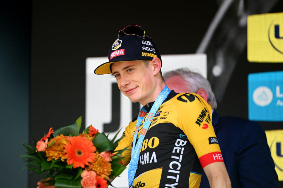 SALINSLESBAINS  JUNE 08 Jonas Vingegaard of Denmark and Team JumboVisma celebrates at podium as stage winner during the 75th Criterium du Dauphine 2023 Stage 5 a 1911km stage from CormoranchesurSane to SalinslesBains  UCIWT  on June 08 2023 in SalinslesBains France Photo by Dario BelingheriGetty Images