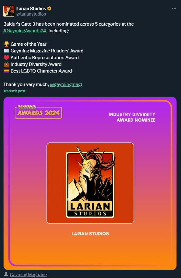 Baldur's Gate 3 se perfila para ser uno de los máximos ganadores en los Gayming Awards 2024