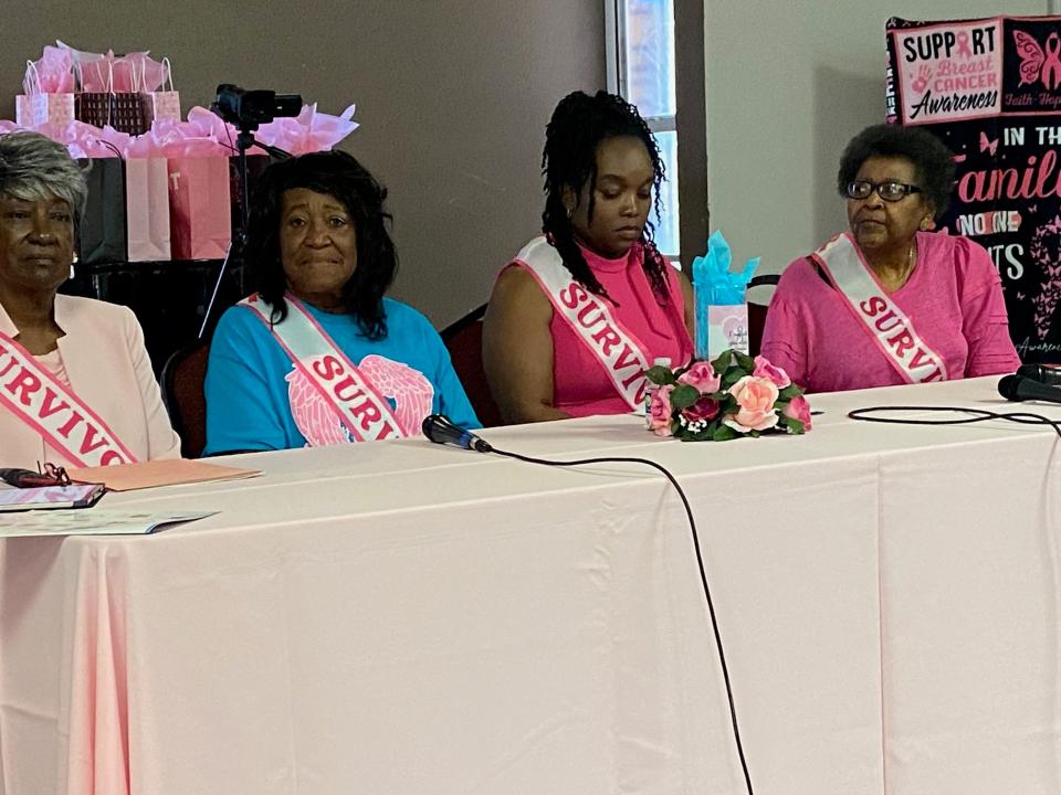 Four breast cancer survivors did a panel discussion Oct. 14 during a 10th annual breast health community awareness seminar in Lakeland. They are, from left, Albertha Whittley-Tabron, Cynthia Ross Waring, Arielle Milligan and Helen Figgs.