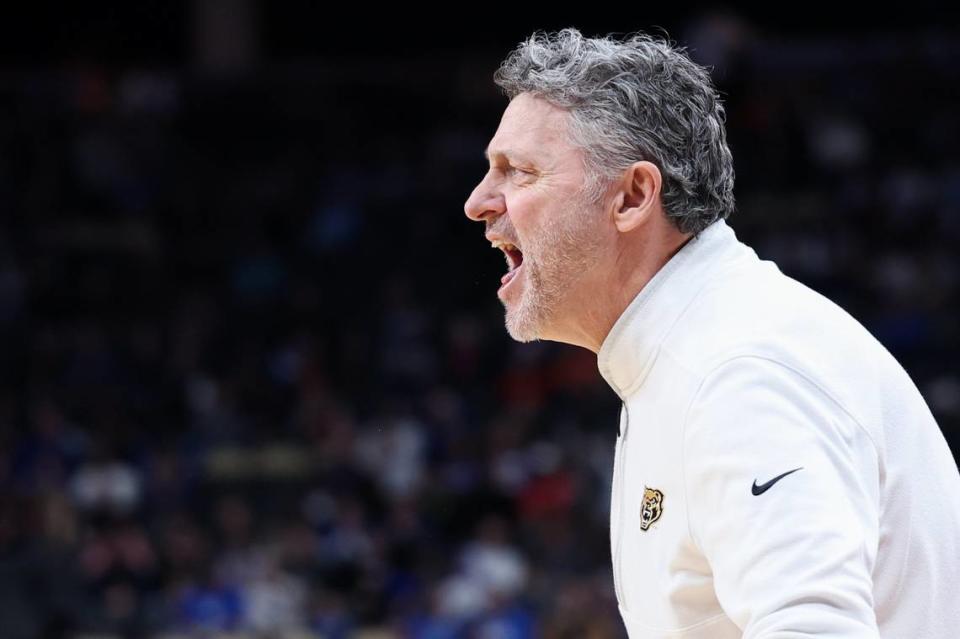 Oakland basketball coach Greg Kampe yells during an NCAA Tournament first round game against Kentucky at PPG Paints Arena in Pittsburgh, Pennsylvania, on Thursday, March 21, 2024.