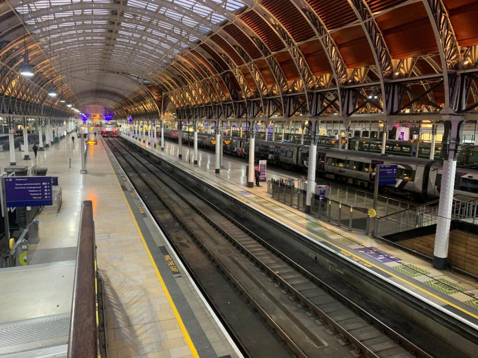 Empty platforms at Paddington Station in west London during Wednesday’s strike  (PA)