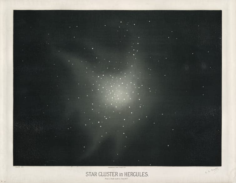 <span class="caption">Star cluster Messier 13 in Hercules, 1877.</span> <span class="attribution"><a class="link " href="https://commons.wikimedia.org/wiki/File:Trouvelot_-_Star_clusters_in_Hercules_-_1877.jpg" rel="nofollow noopener" target="_blank" data-ylk="slk:Wikimedia Commons;elm:context_link;itc:0;sec:content-canvas">Wikimedia Commons</a></span>