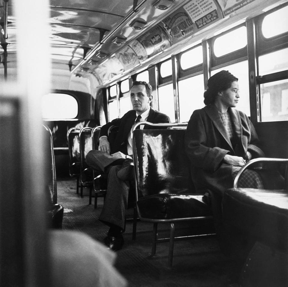 <p>After refusing to give up her bus seat to a white person in Montgomery, Alabama, Rosa Parks' courageous act in 1955 sparked a turning point in the civil rights movement.</p>