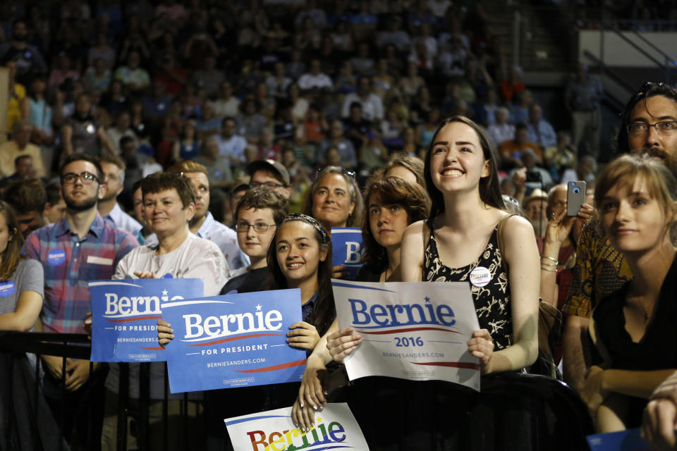 Supporters of Democratic presidential candidate Sen. Bernie Sanders attend a campaign rally on July 6, 2015, in Portland, Maine. 
