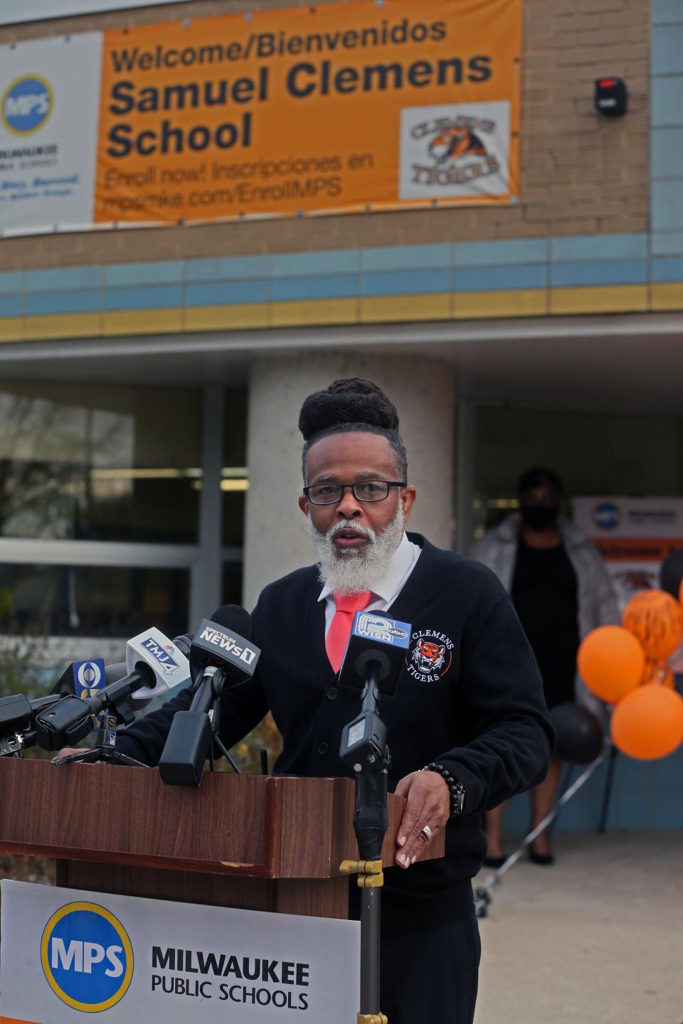 Garry Lawson, principal of Clemens School, spoke at a news conference before his school reopened in April, 2021, after most of the school year was conducted online because of the pandemic.