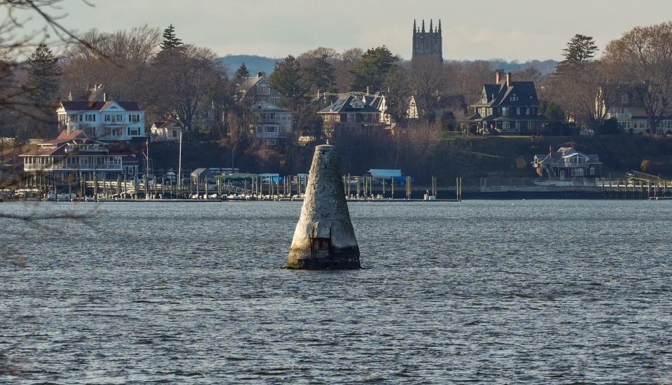 The object in question, near the Pomham Rocks Lighthouse in the Providence River.