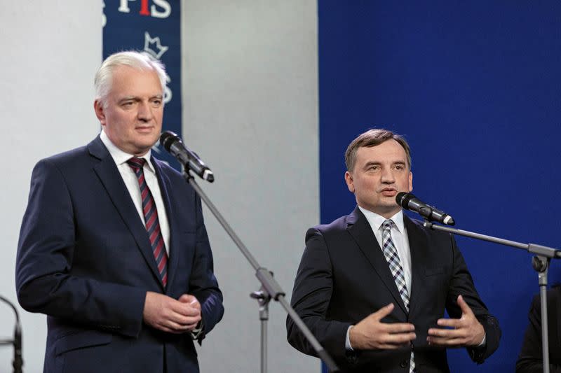 News conference after signing coalition agreement in Warsaw