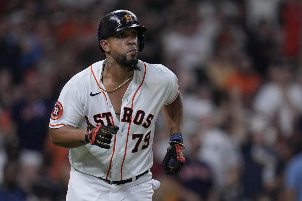 Houston Astros' Jose Abreu runs the bases after hitting a three-run home run against the Tampa Bay Rays during the sixth inning of a baseball game Saturday, July 29, 2023, in Houston. (AP Photo/Kevin M. Cox)