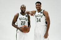 Milwaukee Bucks' Giannis Antetokounmpo and Khris Middleton pose for a picture during an NBA basketball media day Monday, Sept. 27, 2021, in Milwaukee. (AP Photo/Morry Gash)