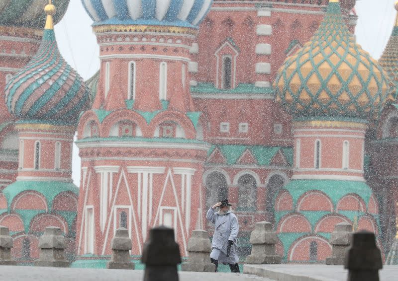 A man walks in Red Square in Moscow