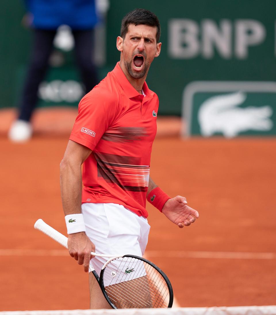 Novak Djokovic reacts to a point during his match against Diego Schwartzman at the French Open.