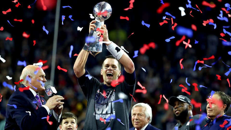 Brady celebrates after winning his fifth Super Bowl with the Patriots. - Al Bello/Getty Images