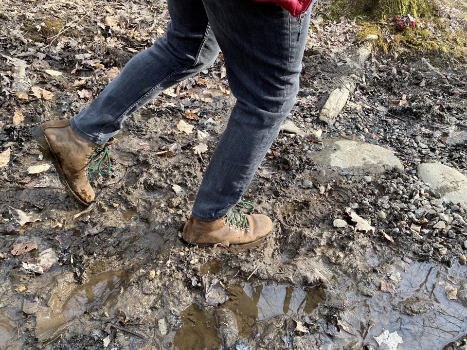 A hiker navigates a muddy trail in Jericho on April 5, 2021. Many trails are closed during mud season, and hikers are encouraged to explore low-elevation paved and gravel paths because hiking through mud contributes to trail damage.