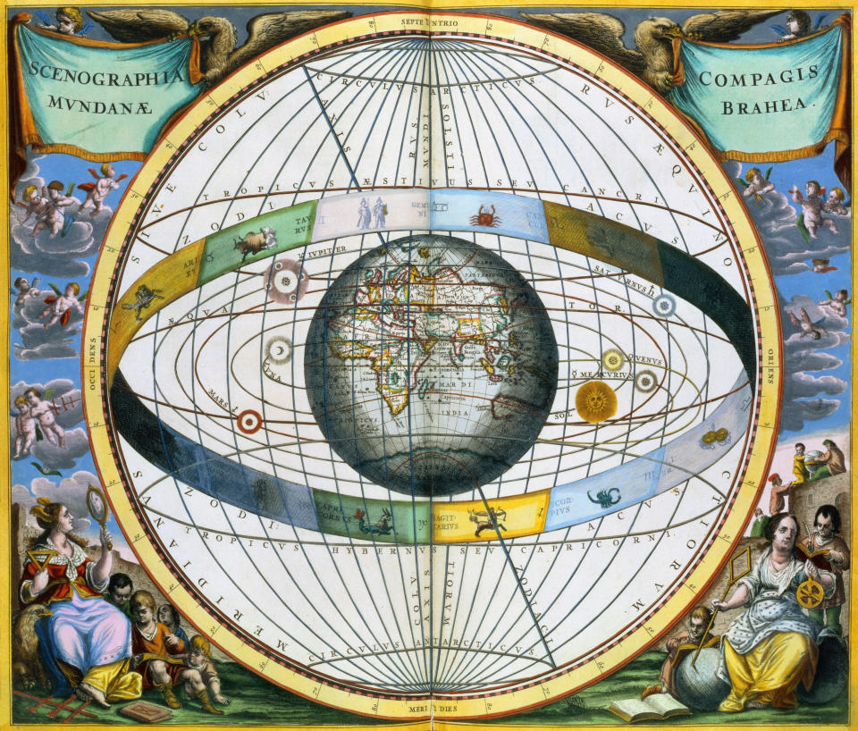 diagram of the world with a circle representing the zodiac.  in the diagram also planets and epicycles.  around him is a background of figurines on the ground and in the sky.  A Latin text in two flags at the top describes the scene: 