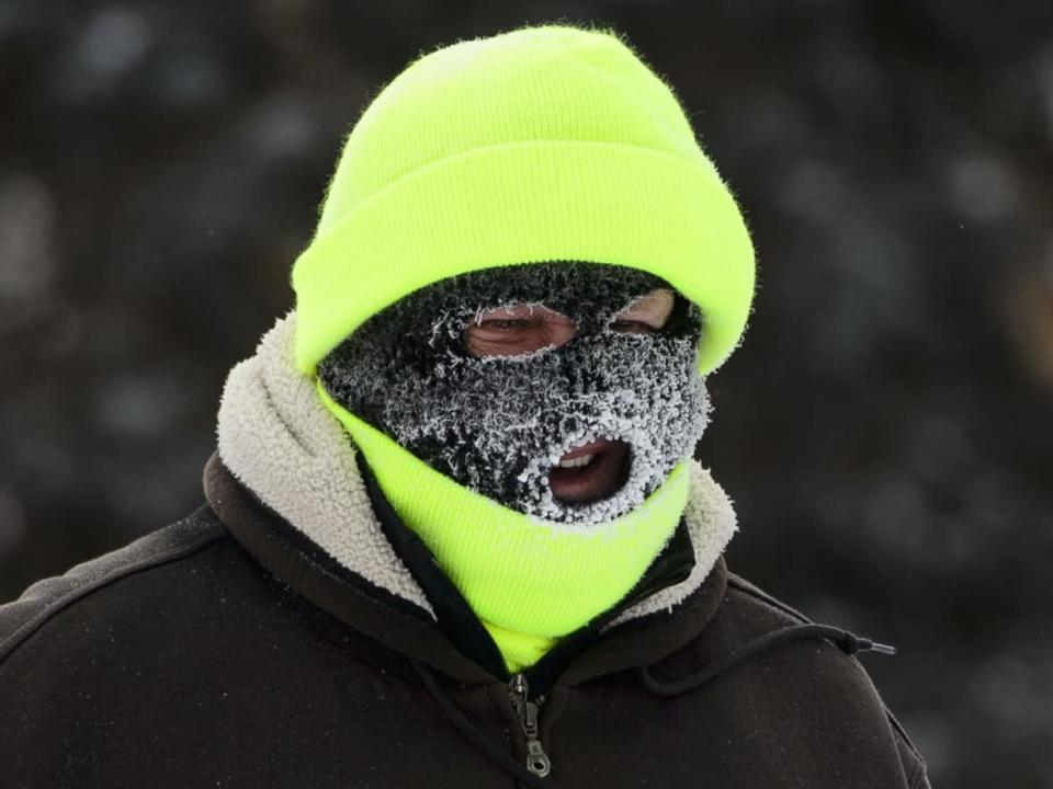 A pedestrian frosts up while out for a walk in Carleton Place, Ont., in mid-January weather. (Sean Kilpatrick/Canadian Press - image credit)