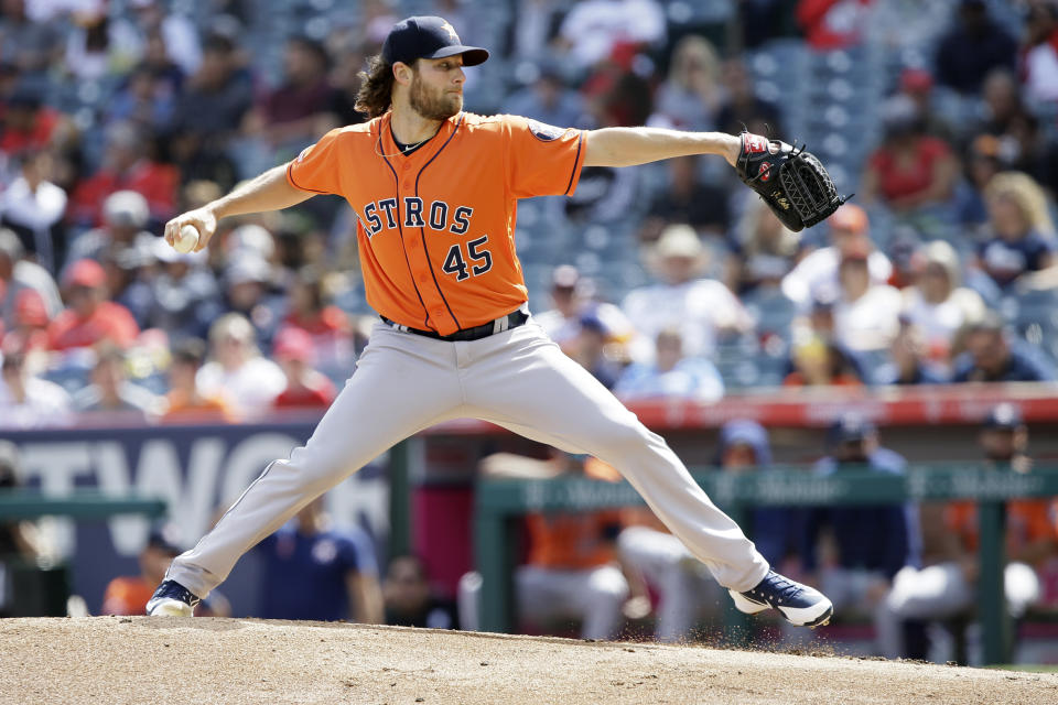 Houston Astros starting pitcher Gerrit Cole throws to a Los Angeles Angels batter during the first inning of a baseball game in Anaheim, Calif., Sunday, Sept. 29, 2019. (AP Photo/Alex Gallardo)