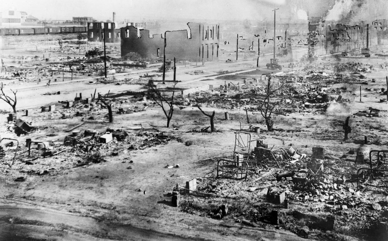 The aftermath of the Tulsa Race Massacre, during which mobs of white residents attacked black residents and businesses of the Greenwood District in Tulsa, Oklahoma, US, June 1921. (Bettmann Archive/Getty Images)