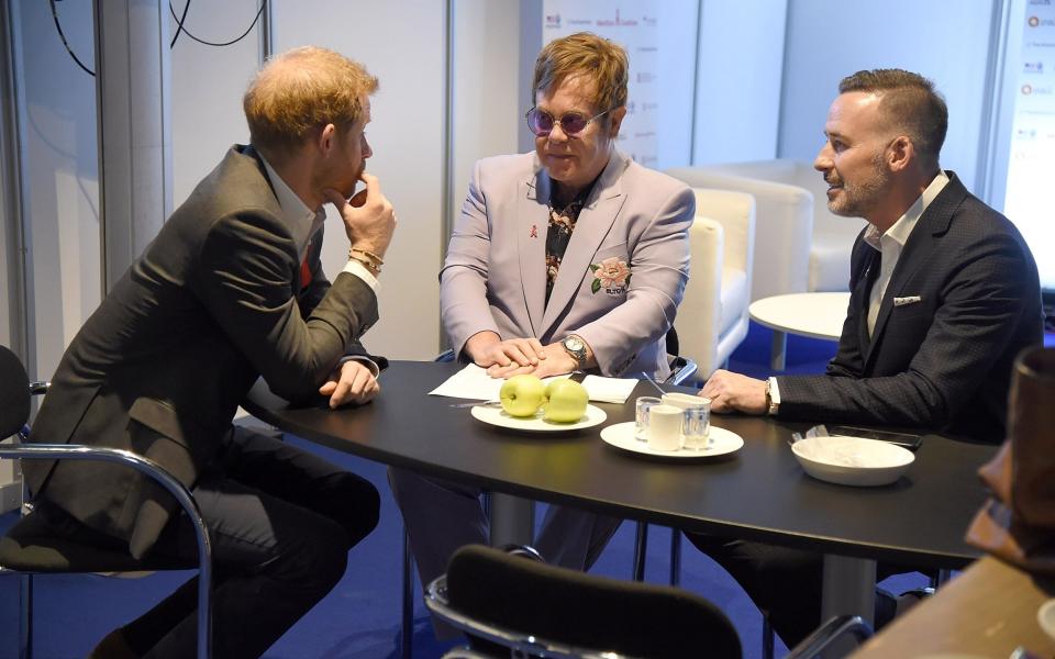 Prince Harry, Duke of Sussex, Sir Elton John, and David Furnish attend the Launch of the Menstar Coalition To Promote HIV Testing & Tre - Getty Images Europe 