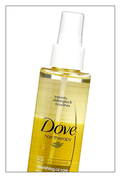 <div class="caption-credit"> Photo by: TotalBeauty.com</div><div class="caption-title">Dove Nourishing Oil Care Detangler, $5.99</div>This blend of argan and almond oils is super light. While it's touted as a detangler, you can also use it as a leave-in conditioner, shine spray, and frizz serum. Shake the bottle to blend the two oils, and mist. We especially love this one for finishing a sleek ponytail.