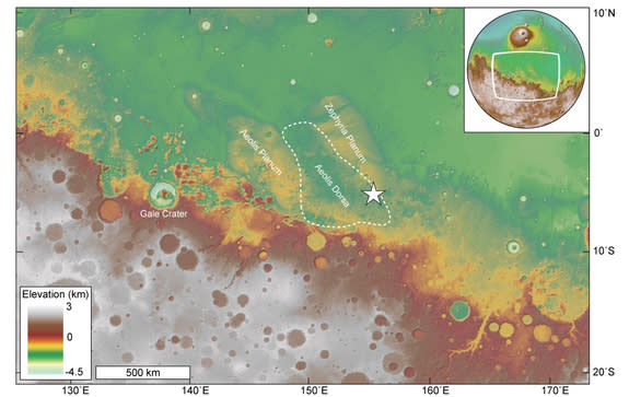 Overview map showing the location of an ancient river delta (star) within Mars' Aeolis Dorsa region, which is found along the boundary between the Red Planet's cratered southern highlands and smooth northern lowlands.