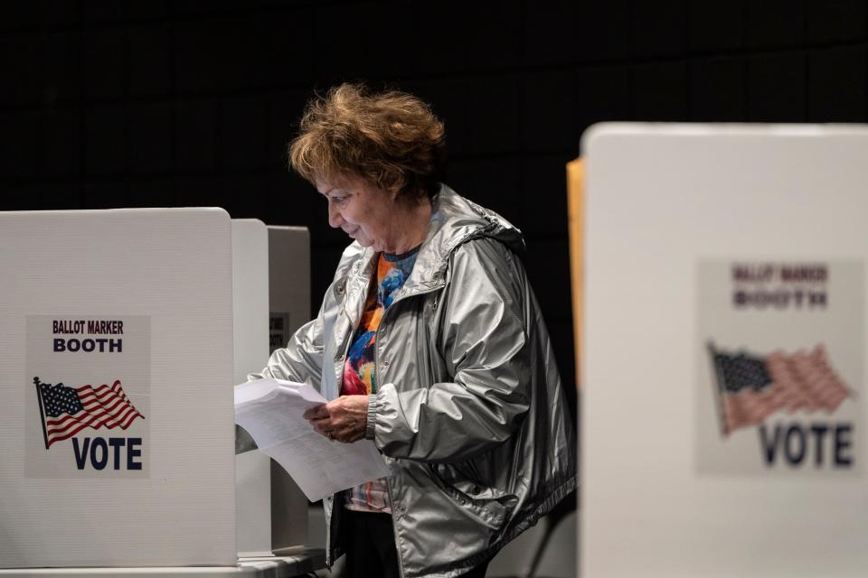 WORTHINGTON, OH - MAY 3: Voters cast their ballots in the Ohio primary election at a polling location at Worthington Kilbourne High School on May 3, 2022 in Worthington, Ohio, a suburb of Columbus.