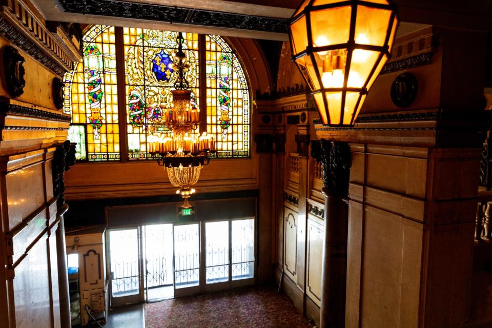 A chandelier hangs in the lobby of the Tower Theatre in 2018.