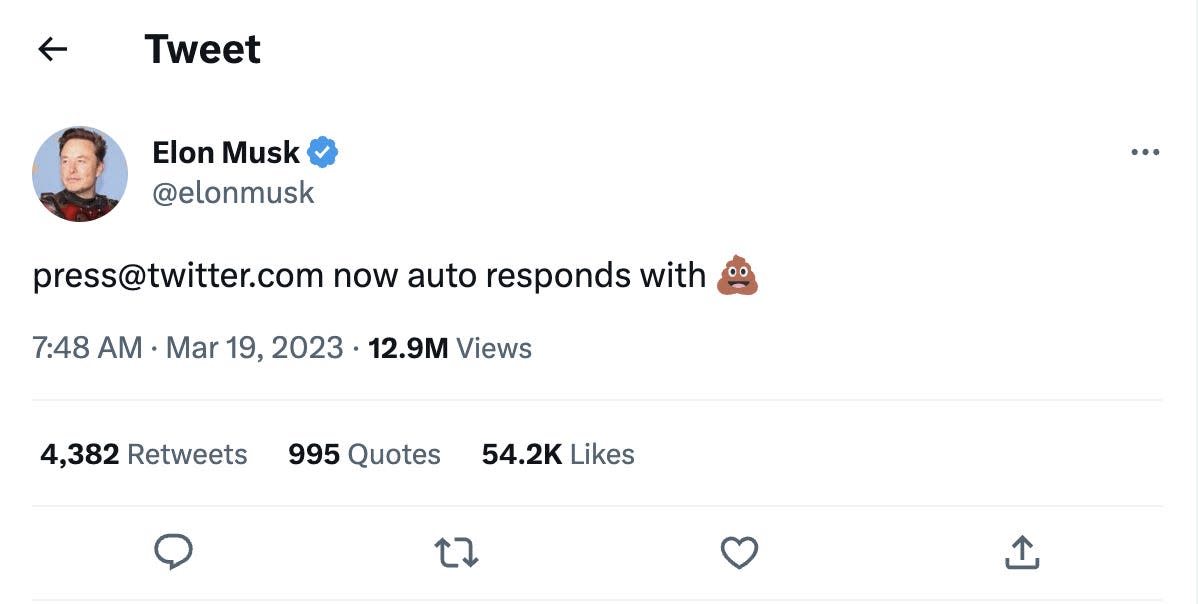 A screenshot of a tweet from Elon Musk that reads "press@twitter.com now auto responds with (poop emoji)