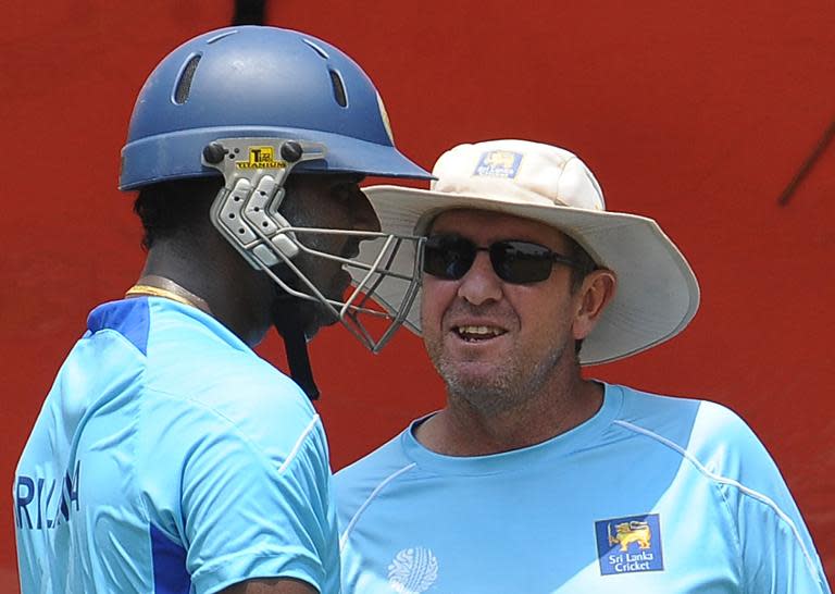 Then Sri Lanka coach Trevor Bayliss (right) pictured during a training session in Colombo on March 28, 2011