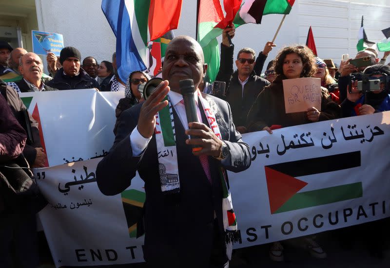 South Africa's ambassador to Tunisia Siphosezwe Masango speaks during a protest in Tunis