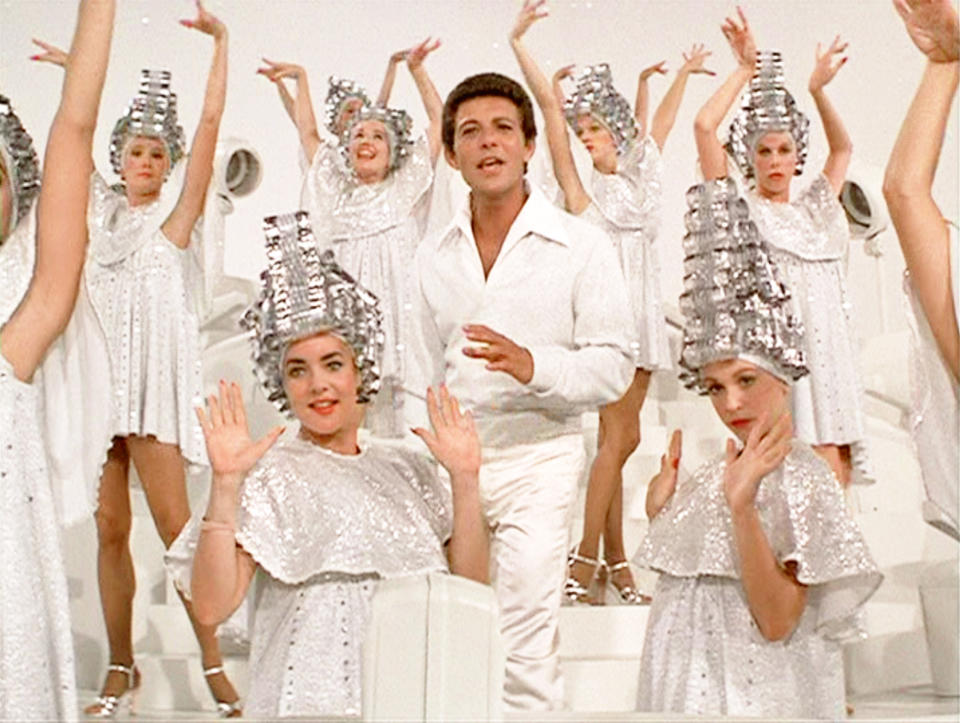 LOS ANGELES - JUNE 16: The movie "Grease", directed by Randal Kleiser. Seen here in center, Frankie Avalon as The Teen Angel, singing "Beauty School Dropout". Initial theatrical release of the film, June 16, 1978. Screen capture. Paramount Pictures. (Photo by CBS via Getty Images)