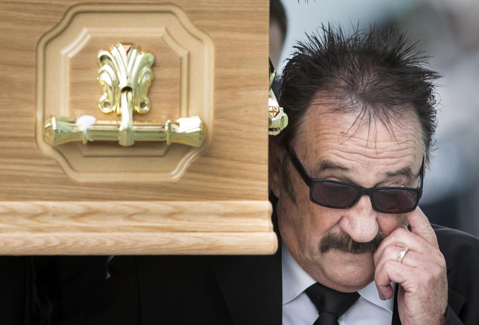 Paul Elliott carries the coffin of his brother Barry Chuckle, 73, (real name Barry Elliott) at the New York Stadium, Rotherham, for his funeral following his death on Sunday August 5. (Photo by Danny Lawson/PA Images via Getty Images)