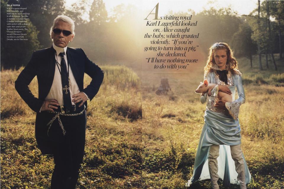 The designer with Natalia Vodianova, as Alice in Wonderland, in Chanel Haute Couture.