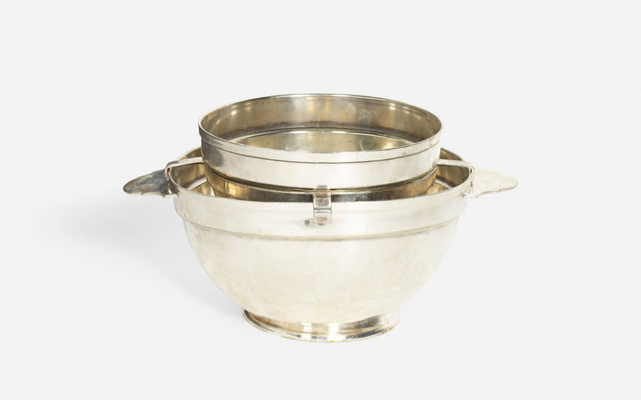 <p>These nickel silver <a rel="nofollow noopener" href="https://www.wright20.com/auctions/2016/07/the-four-seasons/283" target="_blank" data-ylk="slk:caviar bowls;elm:context_link;itc:0;sec:content-canvas" class="link ">caviar bowls</a>, along with mother-of-pear caviar spoons, are expected to sell for between $1,000 and $1,500 each.</p>