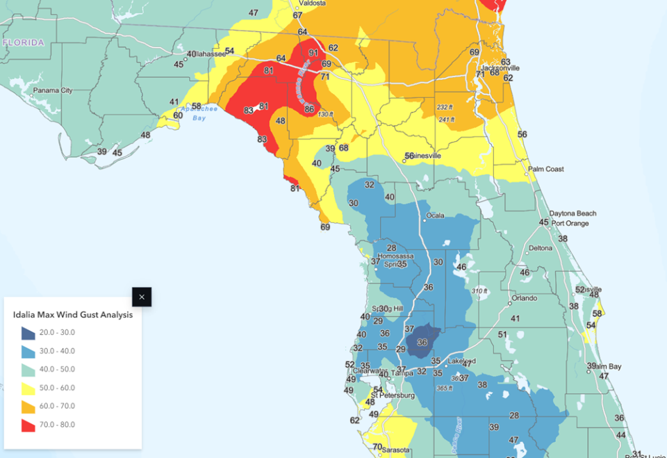 NWS preliminary wind gust map for Idalia.