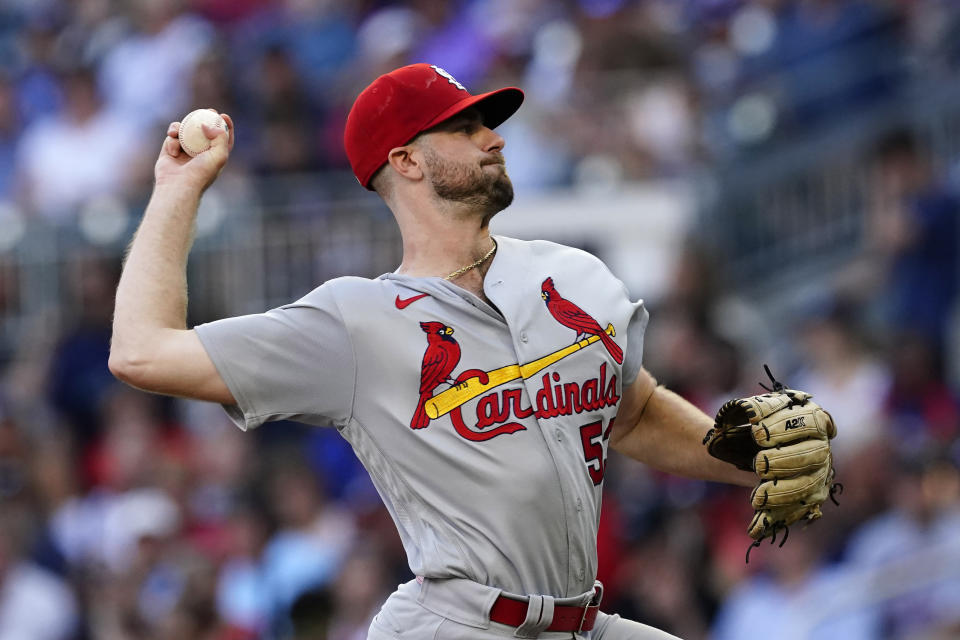 St. Louis Cardinals starting pitcher John Gant works in the first inning of a baseball game against the Atlanta Braves, Thursday, June 17, 2021, in Atlanta. (AP Photo/John Bazemore)