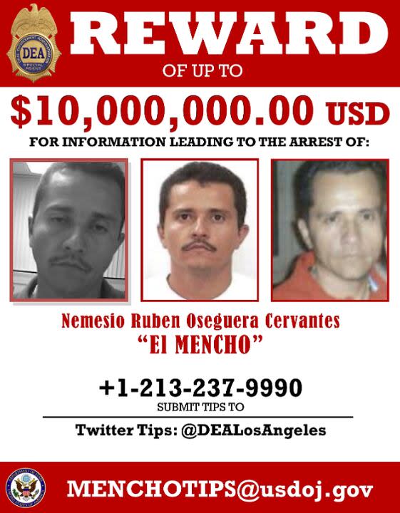El afiche de la recompensa ofrecida por la DEA para dar con El Mencho, líder del Cartel de Jalisco Nueva Generación